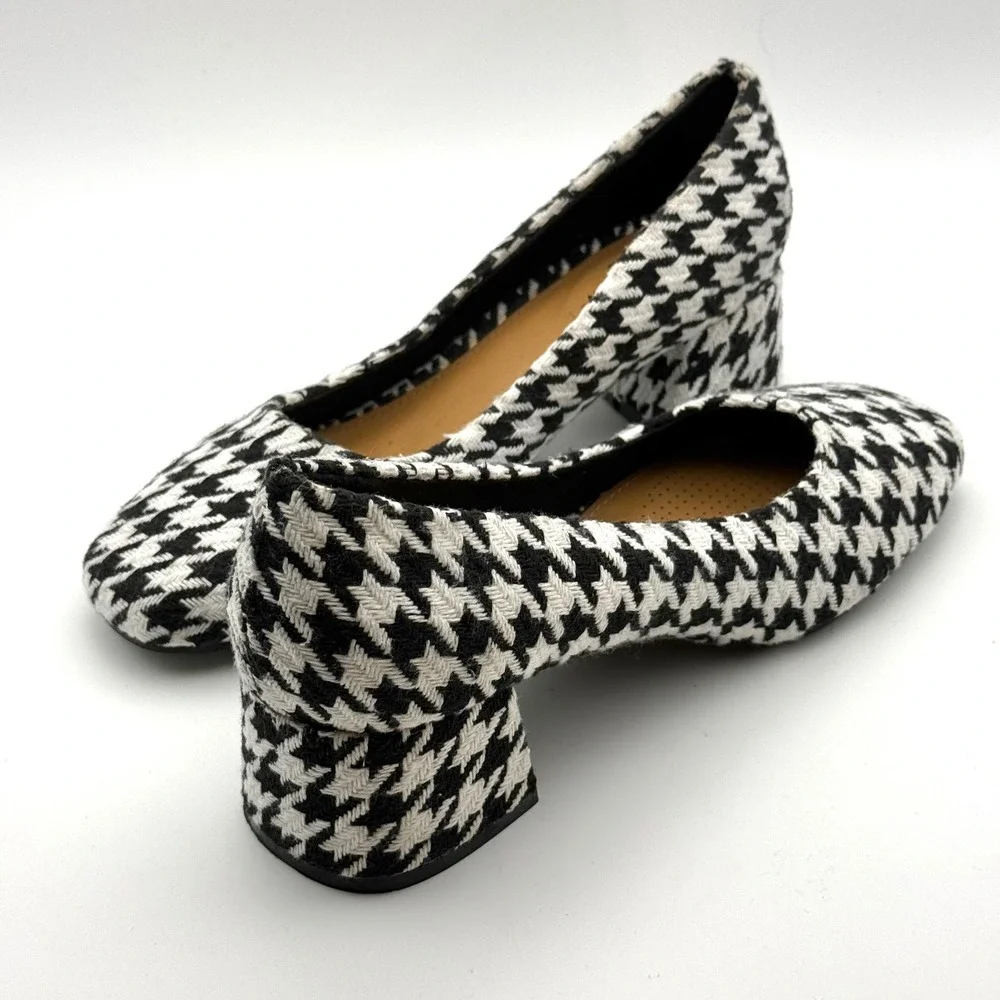 Comfortview Marisol Houndstooth Block Heel Pumps Black White Square Toe Shoes 9M